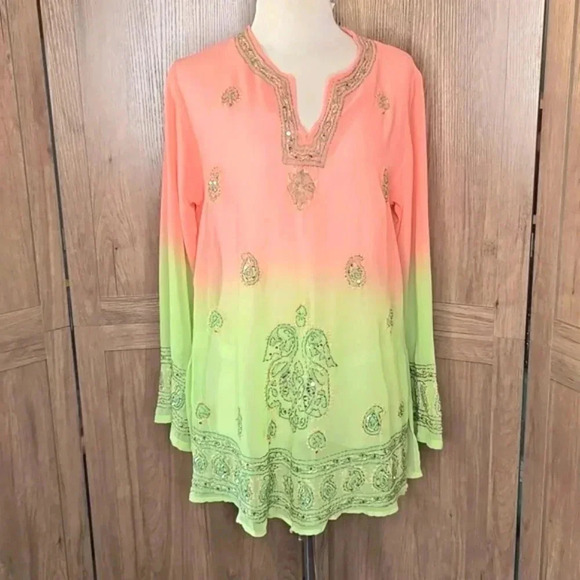 Elegant BohemianPeach and Green Embroidered sequin  Women's Top tunic - Picture 2 of 8